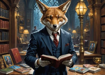 A masculine fox in a suit holding an open book in a library.